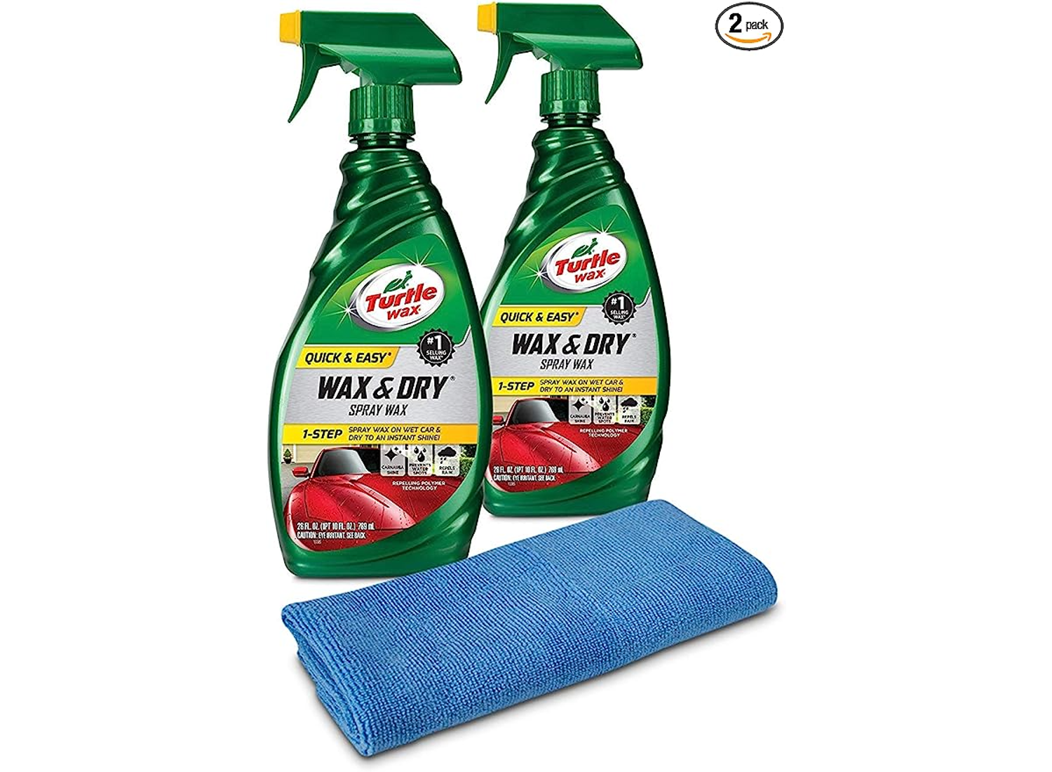 Two green spray bottles of Turtle car wax next to a microfiber cloth on a white background