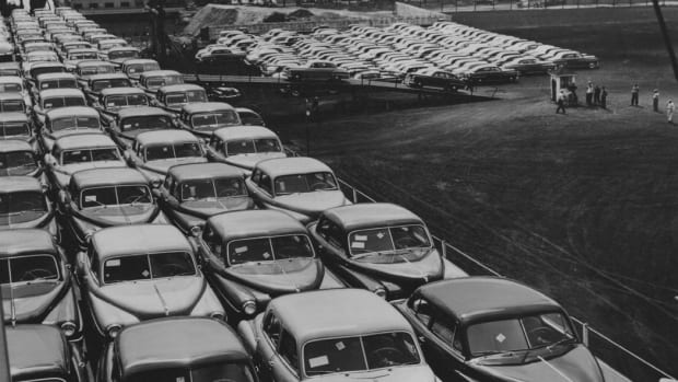 A small portion of Dodge’s 1950 model-year production is loaded onto a Great Lakes steamer in this press photo from the automaker’s Detroit-based ad agency, Ruthrauff & Ryan. More than 500 cars were loaded onto the ship  destined for Buffalo, N.Y., to be delivered to dealers along the eastern seaboard.