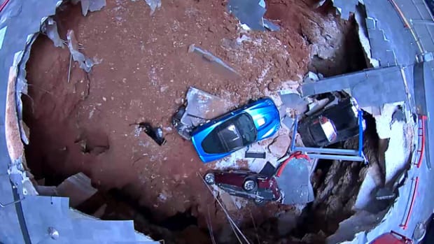 Bird's eye view of the sinkhole inside the National Corvette Museum.