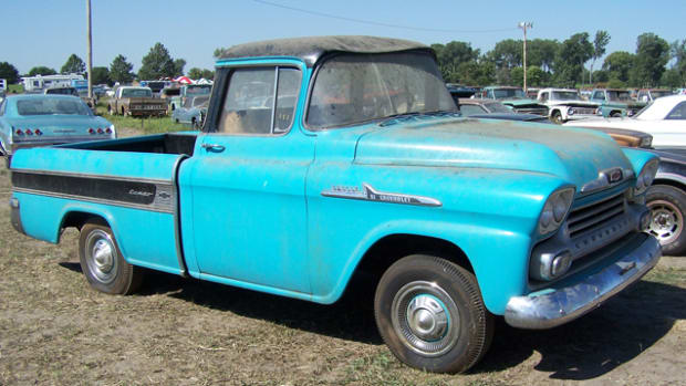 At $140,000, this 1.3-mile 1958 Chevrolet Cameo with a six was the top seller at the VanDerBrink Auctions sale of the Lambrecht Collection in Pierce, Neb.
