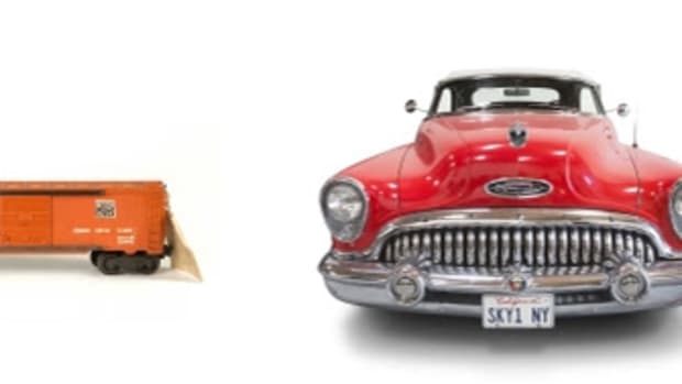  photo left to right: Young’s Lionel Western Pacific “1954” model train, 1953 Buick Roadmaster code 76X Skylark Convertible and 1957 Gretsch Country Club 6182 guitar