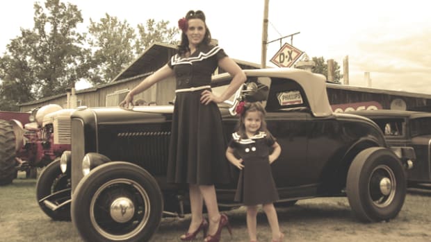 Pinup model Bekki LaBine and daughter Amelia pose with the mysterious 1940s-built 1932 Ford roadster at Symco.