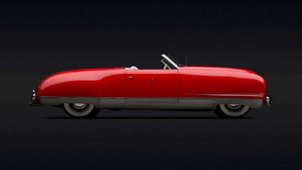  Chrysler Thunderbolt Roadster, 1941. Photo: Peter Harholdt. (Courtesy of Roger Willbanks)With its smooth, aerodynamic body shell; hidden headlights; enclosed wheels; and a retractable, one-piece metal hardtop (an American first), this stunning roadster hinted that tomorrow’s Chryslers would leave their angular, upright, and more prosaic rivals in the dust. Dramatically modern, the five Thunderbolts built were critically acclaimed, but a high price tag deterred buyers. Some of the Thunderbolt’s advanced features found their way into post-WWII production Chryslers.
