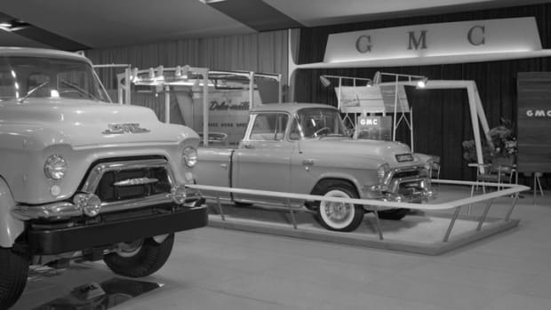  This truck is believed to be the 1956 GMC Bluegrass Runabout. It was based on GMC's production Suburban pickup, the counterpart to the Chevrolet Cameo Carrier pickup truck. The Bluegrass Runabout appeared at 1956 GM Motorama stops, and this image shows GMC's display at the 1956 Boston Motorama. (GM Media Archive collection)