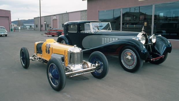 1927 Miller 91 and 1931 Bugatti Royale Coupe deVille photographed in 1975.