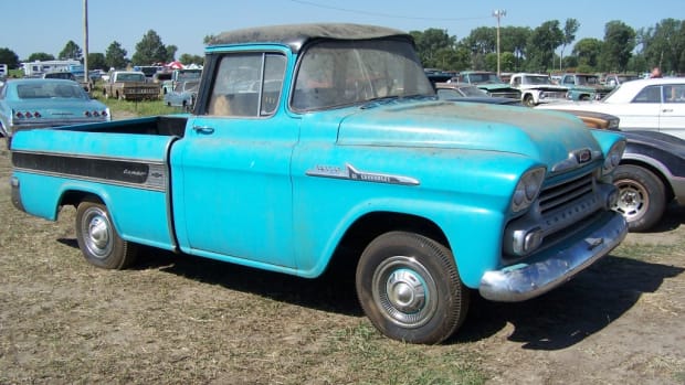 The 1.3-mile 1958 Chevrolet Cameo Carrier pickup from Ray Lambrecht's collection. The dent in the roof resulted from the collapse of a building roof decades ago.