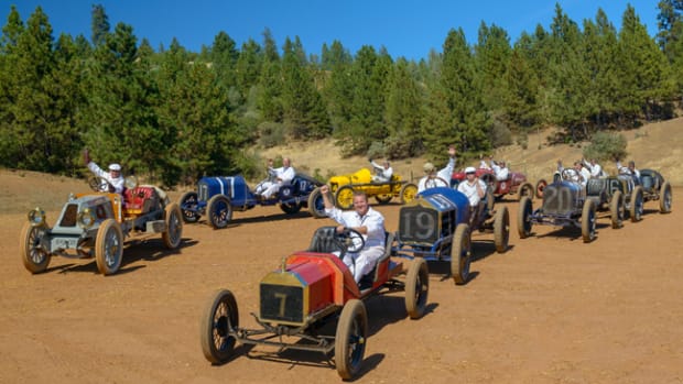  Eight of the century-old race cars in which Ironstone concours spectators could play “mechanician.” (Ron Kimball Studios image)