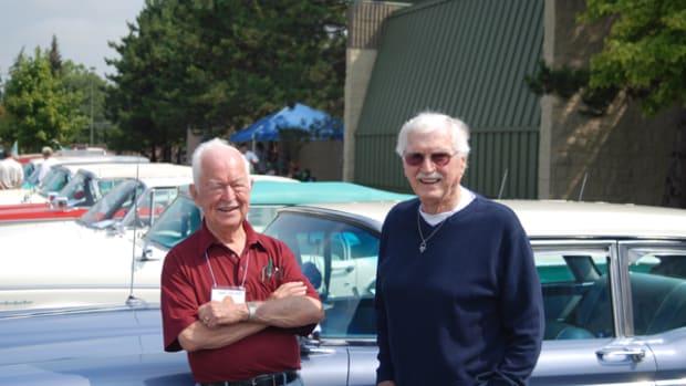 In 2007 at the 50th Anniversary of the Edsel in Dearborn, Mich., Chief Stylist Roy Brown (right) visited with another Edsel alum, C. Gayle Warnock, head of PR for the Edsel Division.