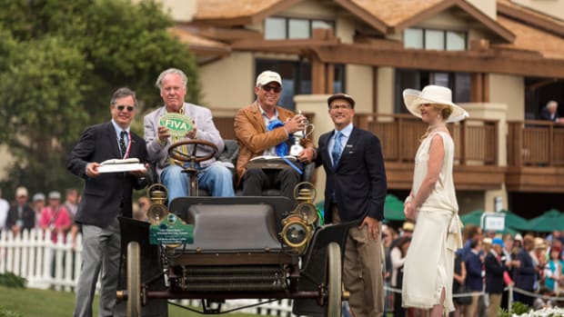 Left to right: Mark Gessler, President, HVA and Vice President FIVA; co-owner Stewart Laidlaw; co-owner Kirk Bewley; and Hagerty CEO, McKeel Hagerty. Photo courtesy of Historic Vehicle Association
