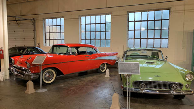 A 1957 Chevrolet Bel Air sits next to a 1956 Ford Thunderbird in the all new “Out Of Quarantine” Exhibit on display beginning June 14 and running until the middle of October.
