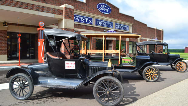 The Gilmore Car Museum has a fleet of seven authentic Model T Fords that are utilized in their “Old School” driving classes. Shown are a 1915 Runabout, 1917 Touring car and 1919 Depot Hack.