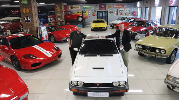 Shane-Kirby-(L)-and-Kevin-Derrick-of-Creative-Rides-with-some-of-the-star-lots-of-the-July-2-classic-car-auction