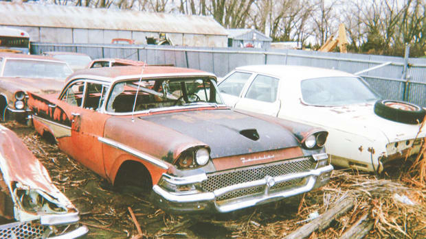 Still sporting lots of donor-quality parts, including its grille, is this 1958 Ford Fairlane 500 Club Sedan four-door.