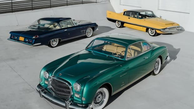 Rear L-R 1962 Chrysler Ghia L6.4, estimate $450,000–650,000; 1957 Chrysler Ghia Super Dart 400, estimate $750,000 – 950,000, Front: 1954 Chrysler Ghia GS-1 Coupé