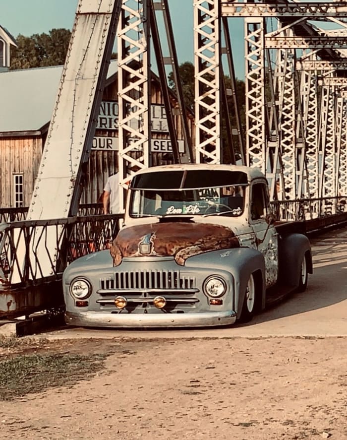 Kameron’s truck on the steel bridge near the Symco Grist Mill.