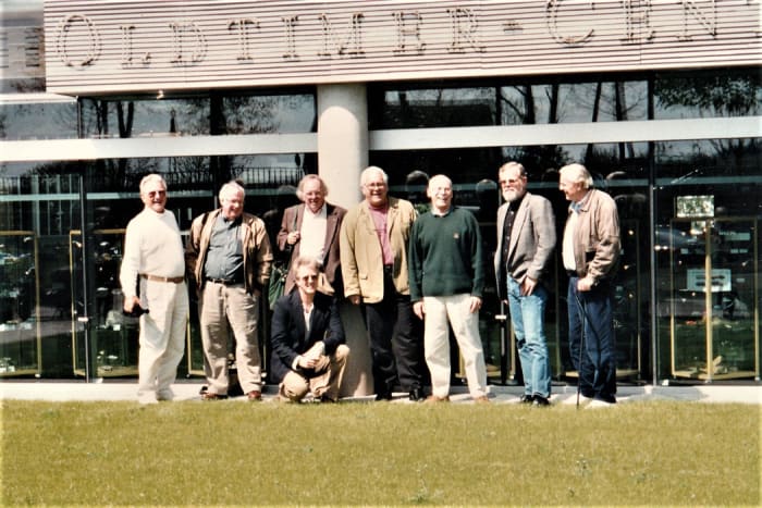 In this 1997 photo taken at the Mercedes-Benz Old Timer Center in Stuttgart, Germany, shows Dave Brownell (third from left standing) with other automotive writers.