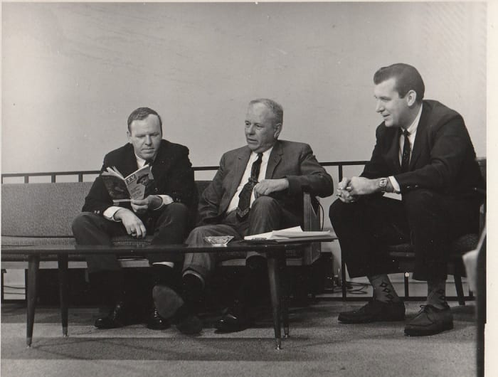 In 1967, Dave Brownell (l.) and Ashley Clark (cntr.) talked to host George Allen (r.) on his TV talk show in Providence, R.I. about car collecting.
