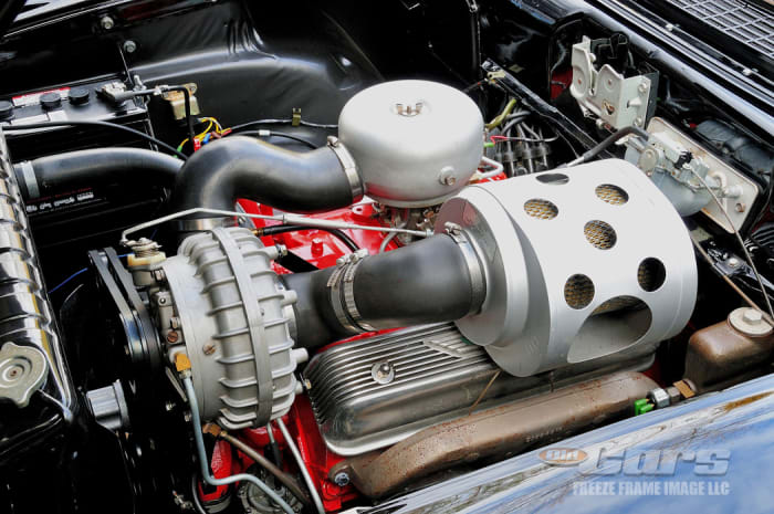 Starting with a commercial 292-cid V-8, Jerry Ponder stroked the engine to 312 cubic inches and added the McCulloch supercharger. The setup is similar to the 100 hand-built “Phase I” units installed for NASCAR racing in 1957.