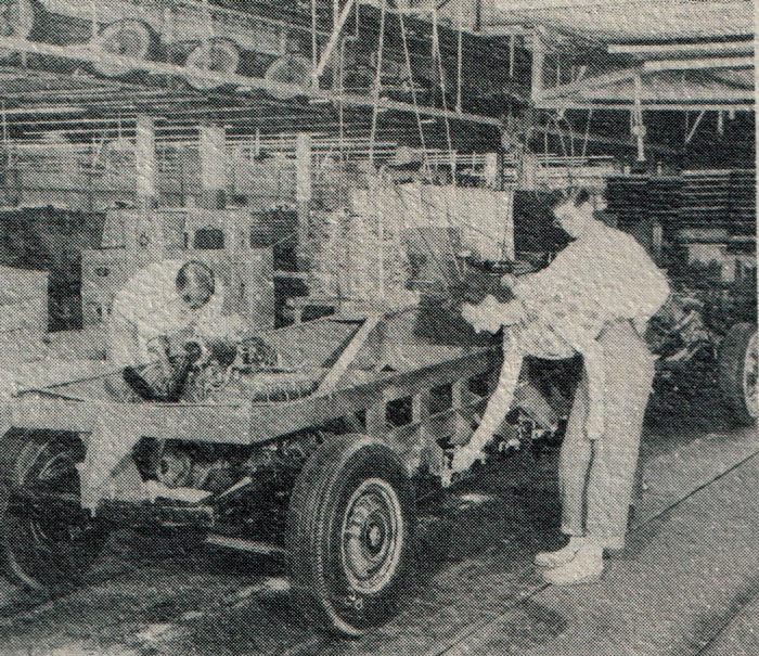 The Oldsmobile frame was checked for a perfect body fit with a magnesium fixture and shimmed wherever necessary before the body was installed.