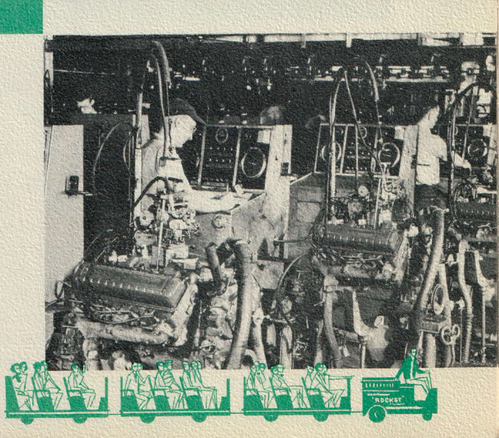 Once the engines were fully assembled, they were tested for 15 minutes on a dynamometer at 1,500 rpm. Inspectors checked oil and water pressure and timing, making adjustments as necessary. Once an engine passed, it was carried away on a 3/4-mile-long conveyor to the final assembly plant.