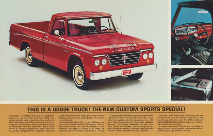 The inside of the brochure for the new-for-1964 Dodge Custom Sports Special. This uniquely sporting truck had no competitors from Ford or GM during its run from 1964 to 1967.