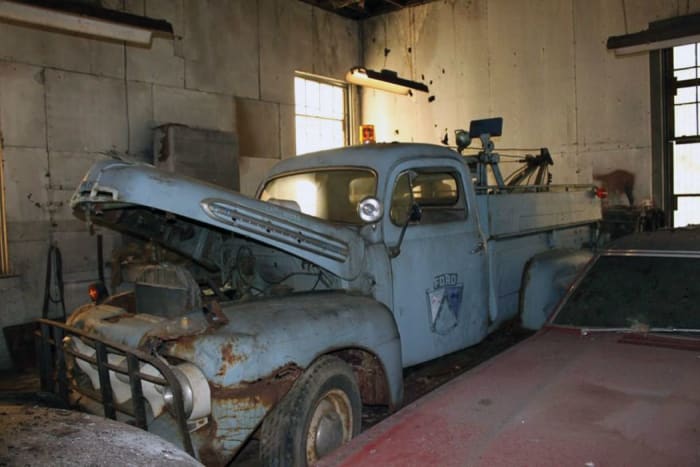 The 1951 F-3 two truck as found in the defunct body shop where it had been slumbering since 1969. Current owner Greg Rich, Jr., first saw this truck in 1954 and purchased it from the family members who bought it new for their dealership.