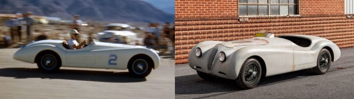 ‘LT3’ 1951 Jaguar Works-built lightweight aluminum racing XK120, left as raced by Phil Hill in Palm Springs, 1951 (credit, The Hill Family Archive), and right, as offered today