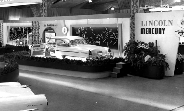 The only known period photo of the 1954 Lincoln Mardi Gras is this image of it taken at the Chicago Auto Show. With its driver door open, the unique interior door panels can be seen. Note the sheen to the exterior paint, which was a pearl white achieved with crushed abalone shells. (Chicago Auto Show-CATA photo)