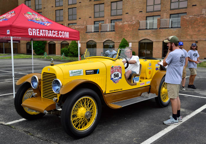 Gavin Swift, John Taller and Connor Miller perform their first technical inspection on a 1917 Hudson Automobile prior to the 2022 Great Race.