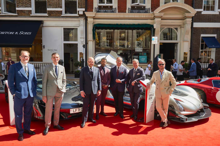 Tailors on Savile Row hosted the first ever Savile Row Concours on Wednesday and Thursday, Left to right:Nicholas Guilbaud from tailors Holland and Sherry, Campbell Carey from tailors Huntsman, Dario Carnera from tailors Huntsman, Ricky Sahota from tailors Scabal, Simon Cundey from tailors Henry Poole, Jeremy Hackett from tailors J. P Hackett, James Sleater founder of tailors Cad & The Dandy.