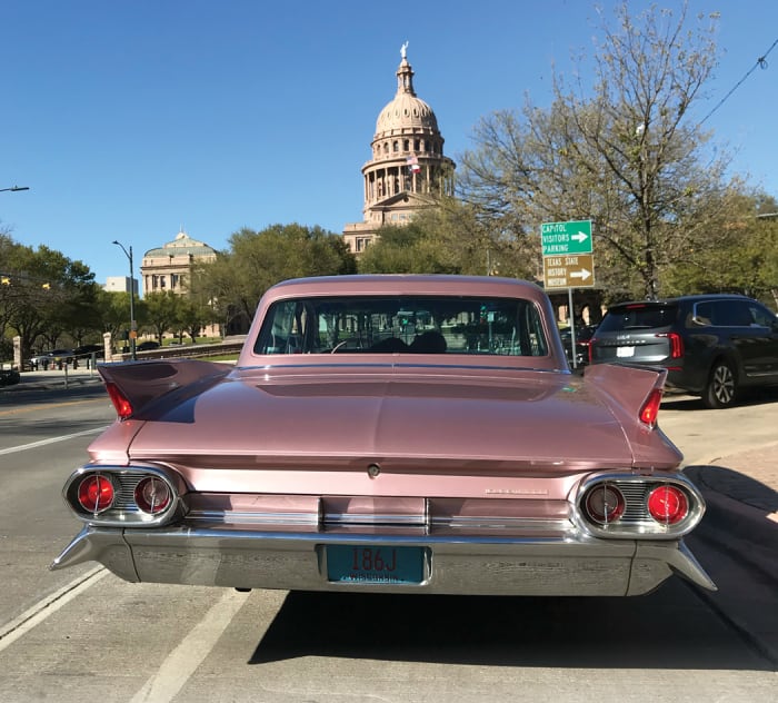 March 22: Austin, Texas - Rick Payton and “Rosemary Margaret,” his newly purchased Fontana Rose (pink) 1961 Cadillac Fleetwood Sixty Special, escorted me from Austin–Bergstrom International Airport. From the airport, we stopped for a shot of Rosemary Margaret in front of the Texas capitol.