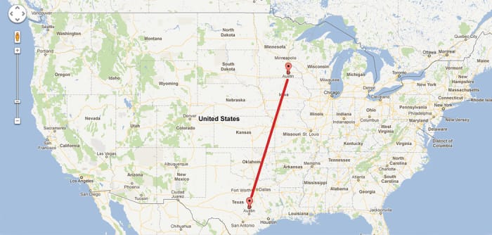 Austin, Texas to Austin, Minnesota is around 1,350 miles.
