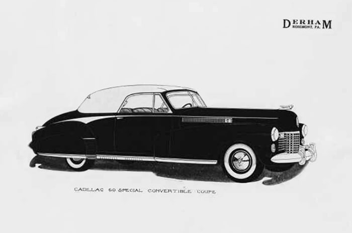 A few additional coachbuilt custom four-door 1941 Cadillacs are known to have been built by Rollson, Inc., of New York, and Derham Body Co. of Pennsylvania. This illustration for a convertible coupe based on the 1941 Cadillac Sixty Special sedan is not known to have been built. The illustration shows front fenders extended into the doors, as on a Sixty Special, and the Sixty Special-only rocker trim. The rendering also lacks the horizontal trim bars on the fenders, which are also absent on a production Sixty Special. The rear deck shape may have differed from the production Series 62 convertible coupe, indicating the body would have been entirely custom built.