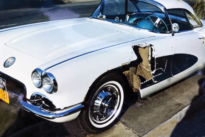 Sometime prior to 1972, the Corvette collided with a 1960s Pontiac and sustained minor damage. At that point, Brack Gillespie’s father, John Brack Gillespie, took the Corvette off the road. In this photo, the Corvette is still wearing a license plate topper from a dealer in Florida, the state in which John purchased the car.