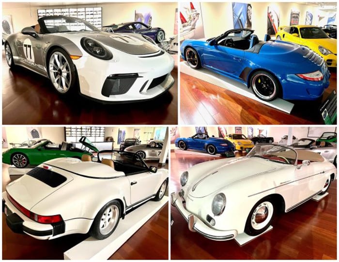 In addition to the newly acquired 1994 Speedster, the Newport Car Museum’s Porsche collection includes (clockwise from top left) a 2019 Speedster Heritage, 2011 Speedster, 1956 356a Speedster and 1989 Carrera Speedster.