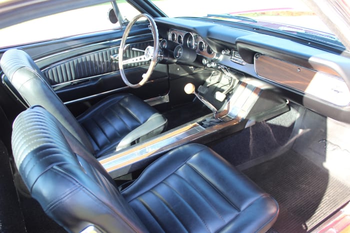 Three-pedals and a stick grace this beauty. Inside, the Interior Decor Group — generally called the “Pony interior” — was a desirable option with running horses on the seat backs, “pistol grip” style inside door handles courtesy lights on the doors and other goodies.