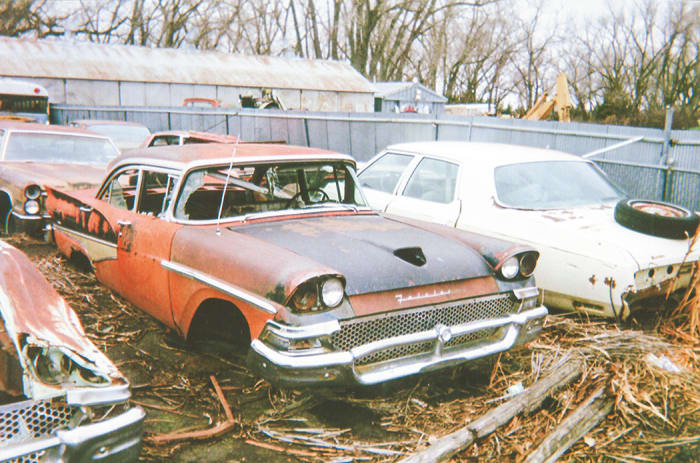 Still sporting lots of donor-quality parts, including its grille, is this 1958 Ford Fairlane 500 Club Sedan four-door.