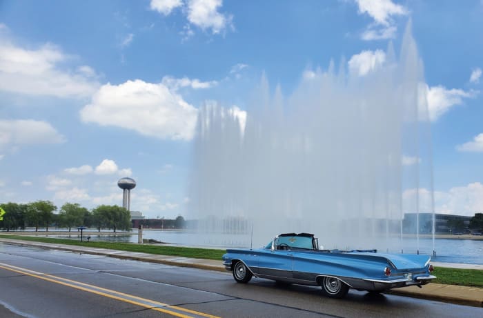 Day 7 included a rare opportunity see and photograph Jim’s car at the GM Tech Center’s famous reflecting pond, where many GM promotional photos were taken in the 1950s and ’60s.