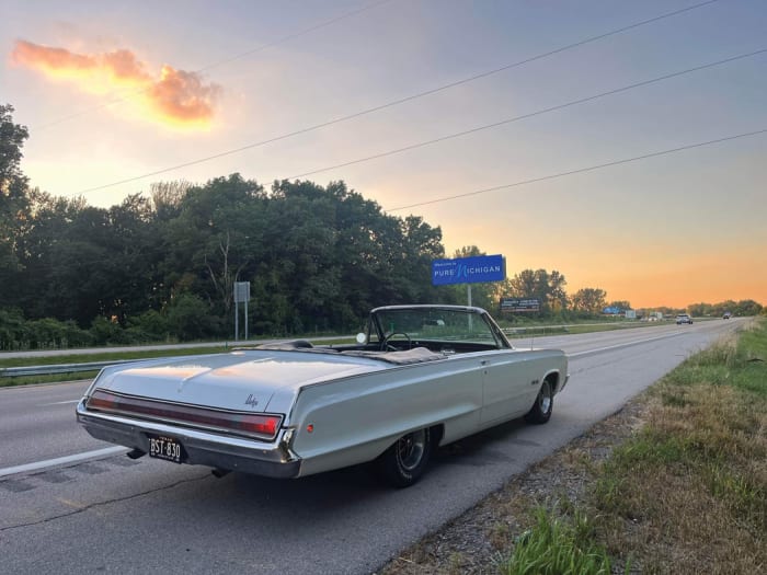 The 1968 Polara as it prepares to cross the border into Michigan with its top down.