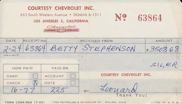 Payment receipt to Courtesy Chevrolet for the purchase of Jenny the Camaro.