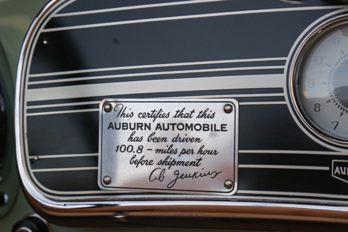 The 100-mph plaque with Ab Jenkin’s autograph is original on this car.