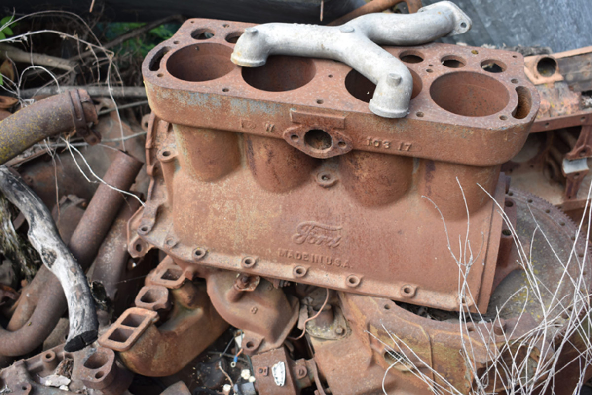 An engine block in the yard behind the Antique Auto Ranch shop. According to its number, this engine was produced in November 1917 making it more than 100 years old!