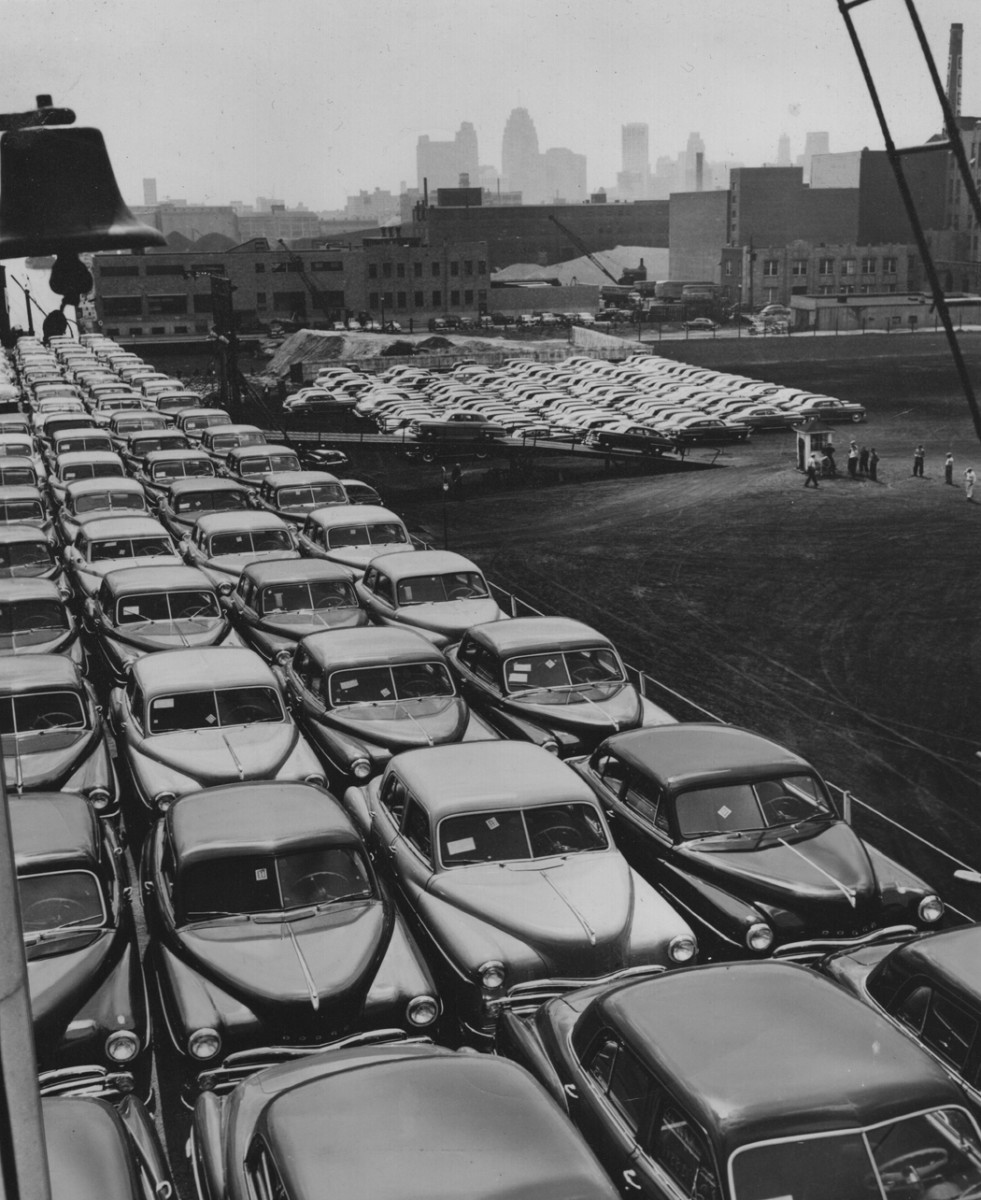 A small portion of Dodge’s 1950 model-year production is loaded onto a Great Lakes steamer in this press photo from the automaker’s Detroit-based ad agency, Ruthrauff & Ryan. More than 500 cars were loaded onto the ship  destined for Buffalo, N.Y., to be delivered to dealers along the eastern seaboard.
