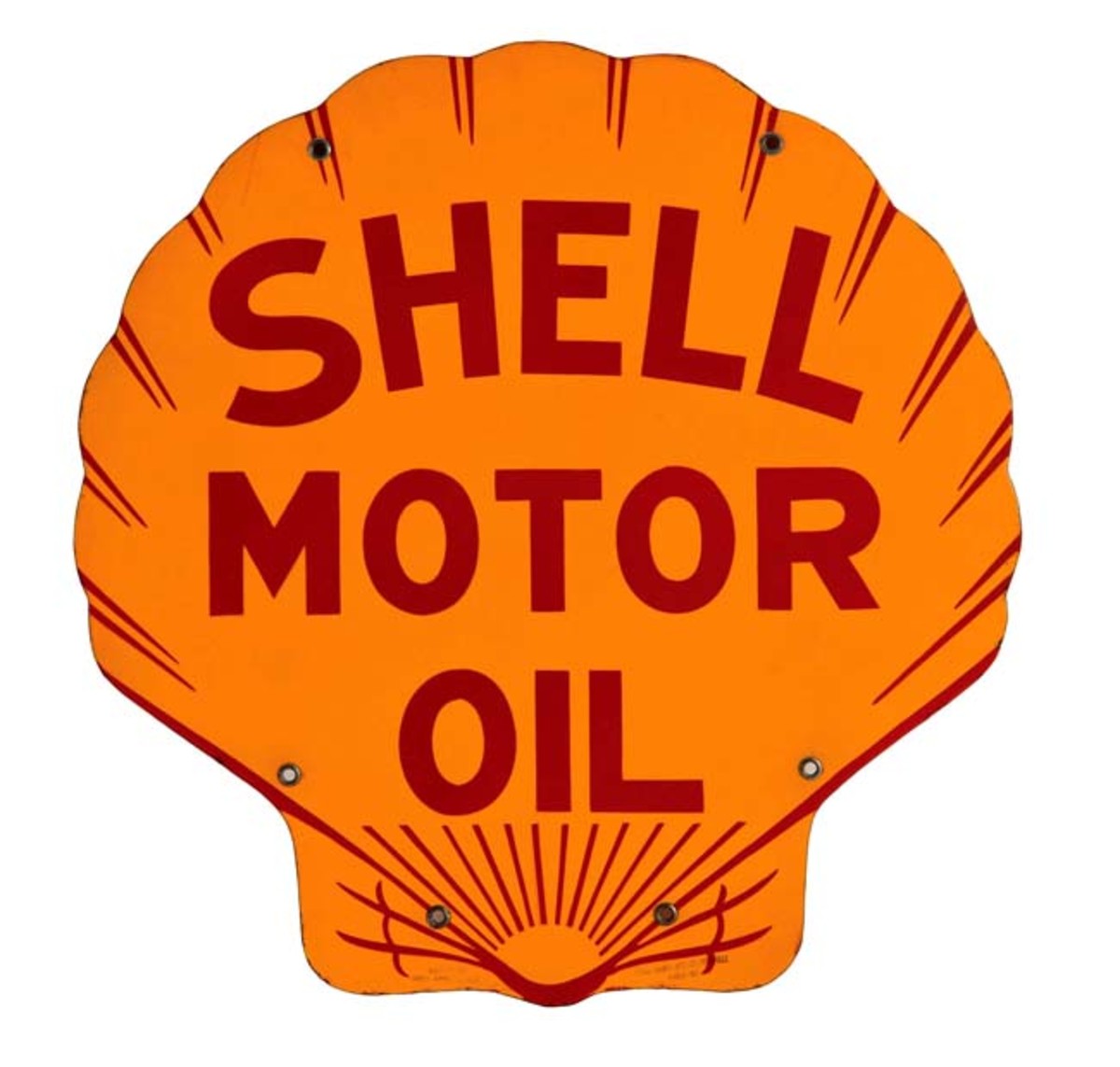  Double-sided Shell Motor Oil die-cut Motor Oil sign marked ‘Tennessee Enamel, 1931; 23 by 23½ inches, condition 9.5 out of 10. Estimate: $3,500-$5,000. Photo - Morphy Auctions
