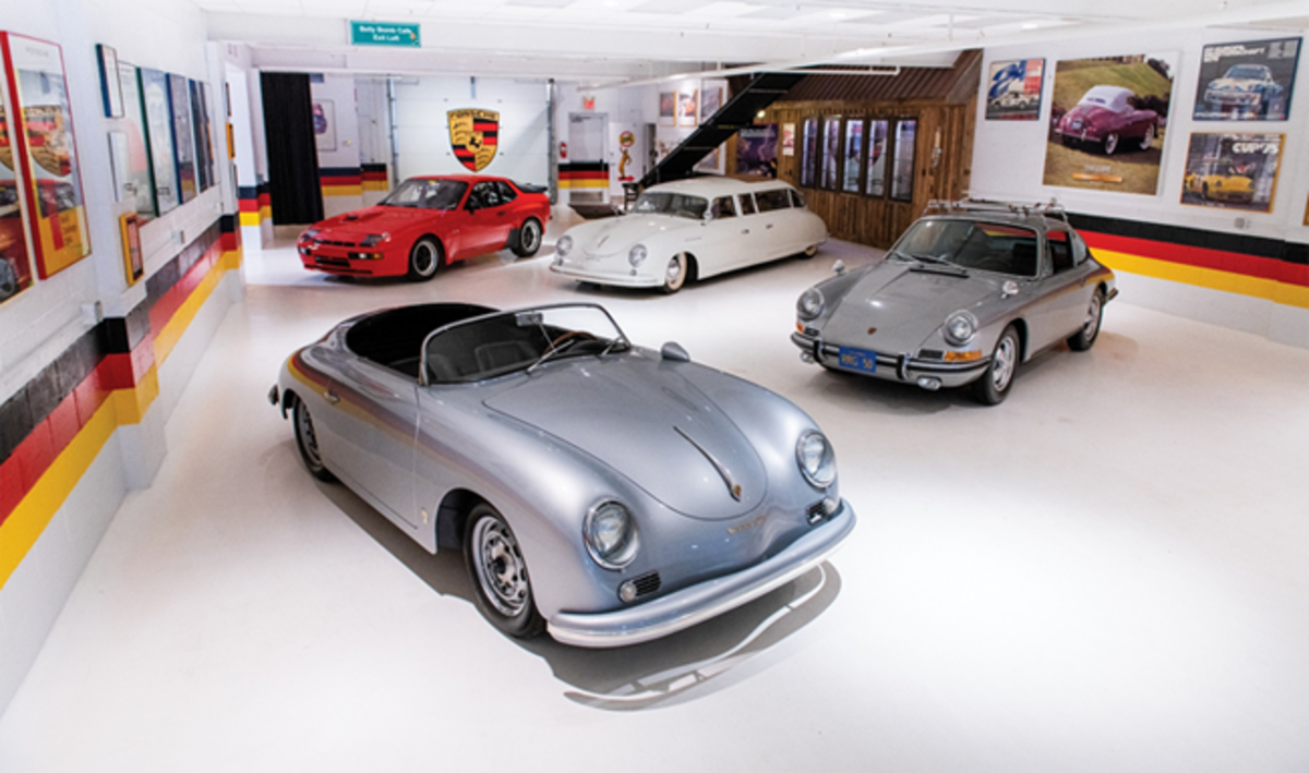  A snapshot of highlights from within The Taj Ma Garaj Collection; from front left to right, 1957 Porsche 356 A Carrera GT Speedster Coachwork by Reutter, 1981 Porsche 924 Carrera GTS Clubsport, 1953 Porsche 356 Limousine Custom, 1967 Porsche 911 S Coupe (Credit – Darin Schnabel © 2019 Courtesy of RM Sotheby’s)