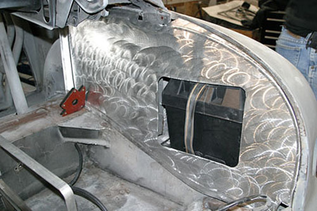  This is the inside trunk of the 1950 Merc we built for the movie "Cobra." The aluminum was a 3000 series and toward the soft end of the heat treat scale so it could be cut and formed with ease.
