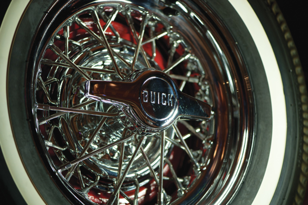  Wire wheels were standard on 1953 and '54 Buick Skylarks and were rarely seen on new Buicks thereafter. Mitchell had unique knock-off centers built for his car's wire wheels with "Buick" emblazoned on the center.