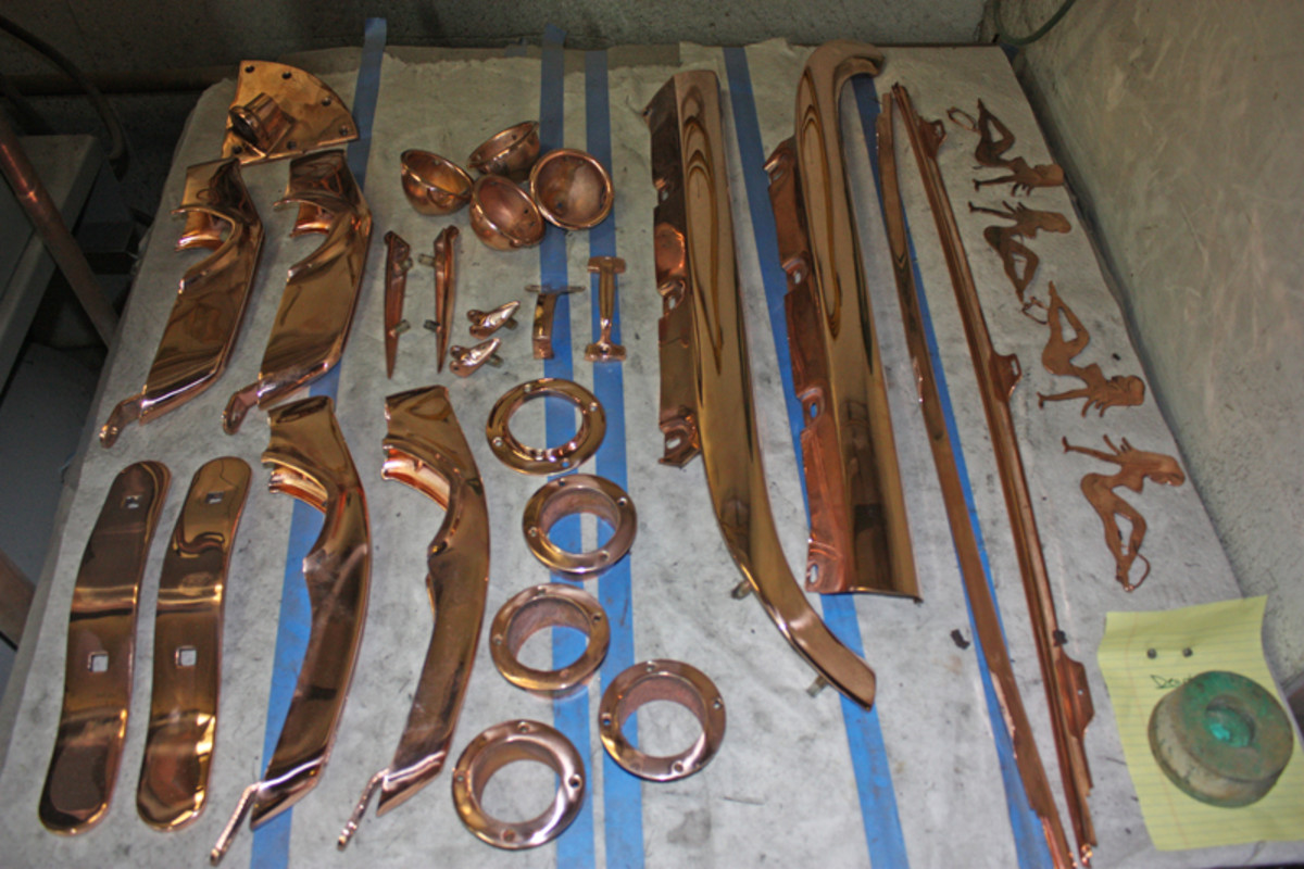  After copper is applied, parts are buffed and then organized in the order they will be chromed.