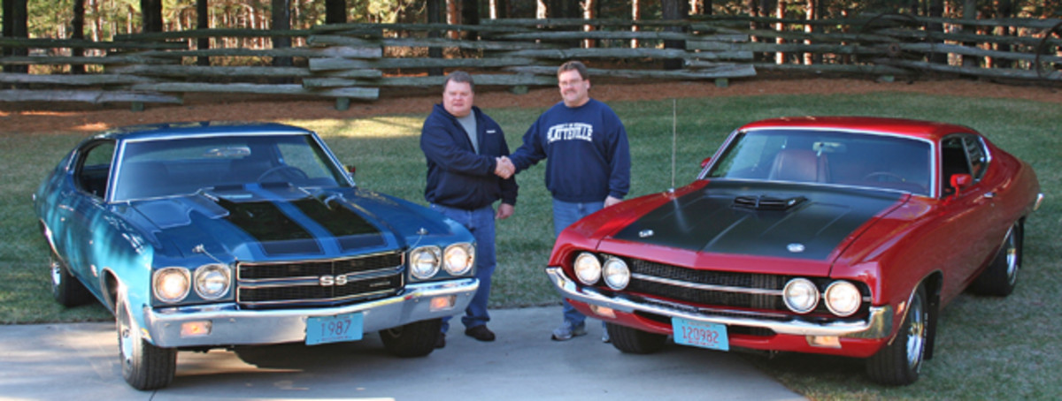 LS-6 Chevelle SS454 owner Dennis Clegg (left) shakes hands with Torino Cobra owner Larry Jensen (right) before their cars “faced off” on the 2013 Iola Old Car Show poster.