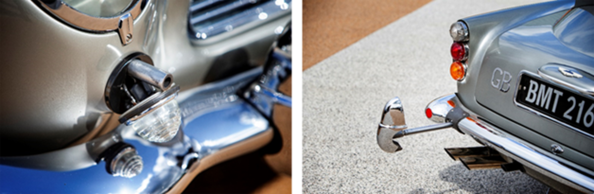  LEFT: One of the Browning .30 caliber machine guns hidden in each fender of the DB5 (Simon Clay © 2019 Courtesy of RM Sotheby’s) RIGHT: One of the hydraulic over-rider rams on the bumpers of the DB5 (Simon Clay © 2019 Courtesy of RM Sotheby’s)